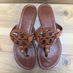 Tory Burch Miller Royal Tan Sandals 8.5 M Leather Flip Flops Vacation Resort